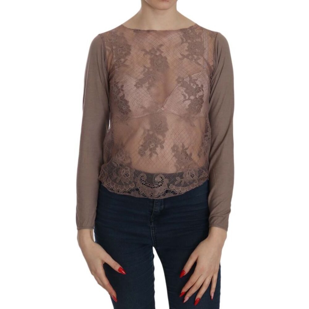 PINK MEMORIES Brown Lace See Through Long Sleeve Women's Top